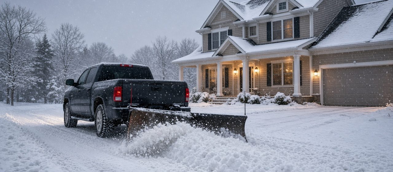 A dark pickup with a plow blade at its rear pushing snow down a driveway in front of a two-story house with lit windows and snow on the roof, in Portland, Maine