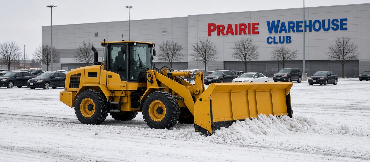 A yellow wheel loader with a yellow snow pusher clearing a big store parking lot, with parked cars and bare trees behind it, in Portland, Maine