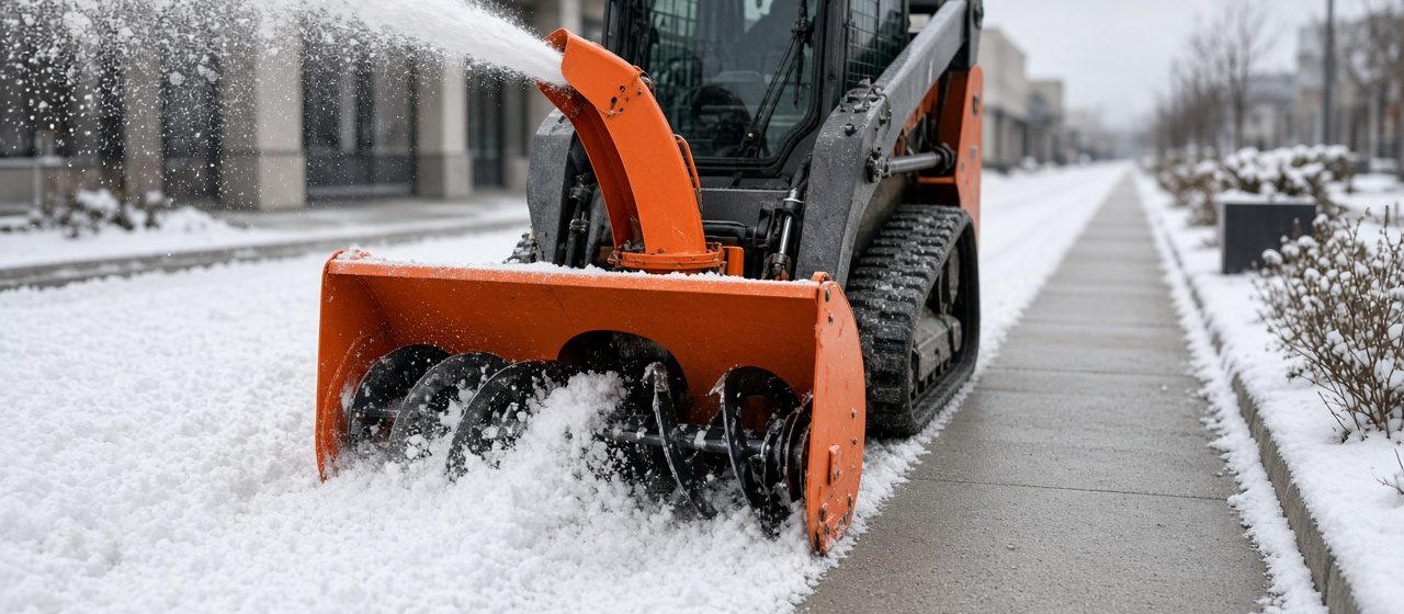 An orange snow blower attachment on a tracked loader throwing snow beside a long cleared sidewalk, in Portland, Maine