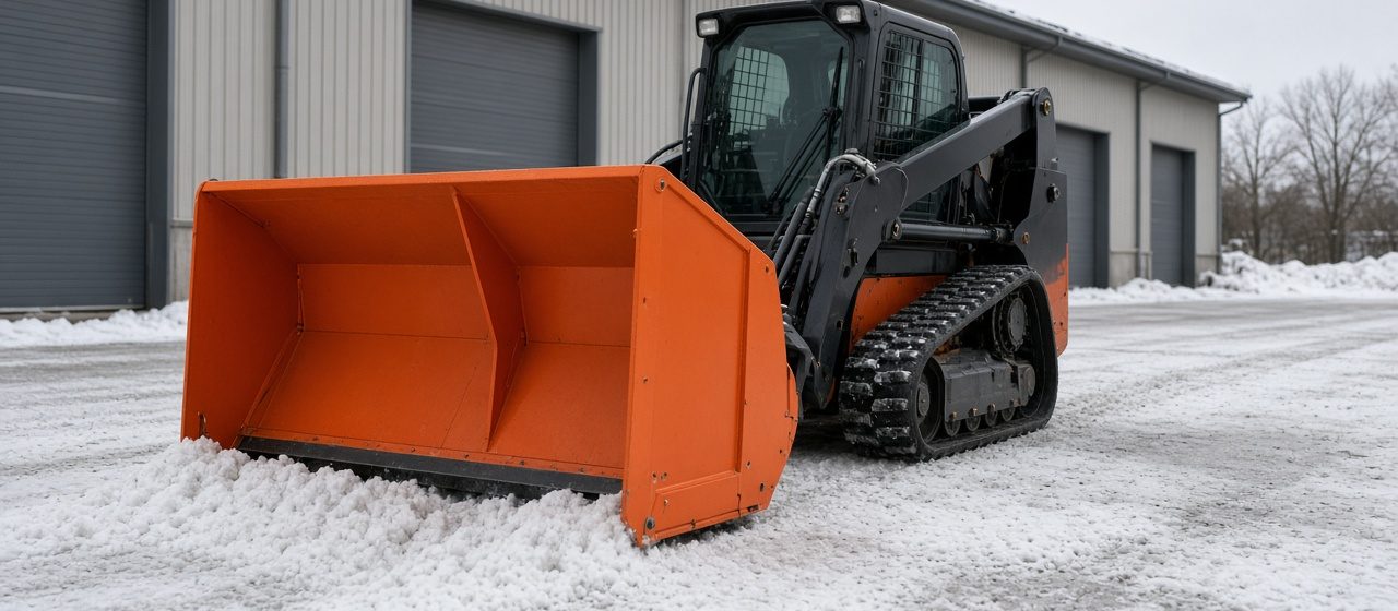 An orange snow pusher with tall side panels on a black tracked loader in front of a metal warehouse, in Portland, Maine