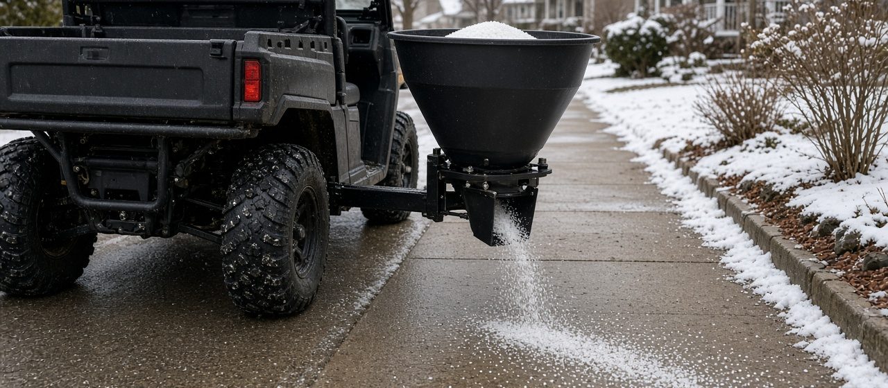 A black cone-shaped spreader on the back of a utility vehicle spreading salt on a sidewalk, in Portland, Maine