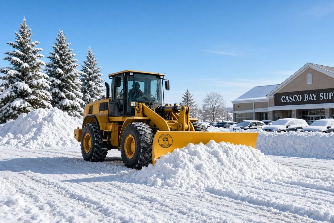 A yellow wheel loader with a DC Approved plow pushing a big pile of snow across a store parking lot, with snowy evergreen trees, parked cars, a store building and a clear blue sky behind it, in Portland, Maine