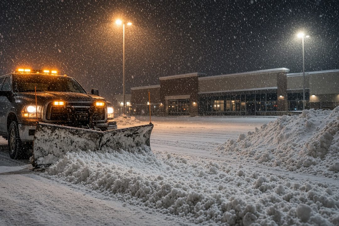 A dark pickup with amber lights and a front plow blade pushing snow across a parking lot at night, with tall pole lights, a storefront building and a snow pile behind it, in Portland, Maine