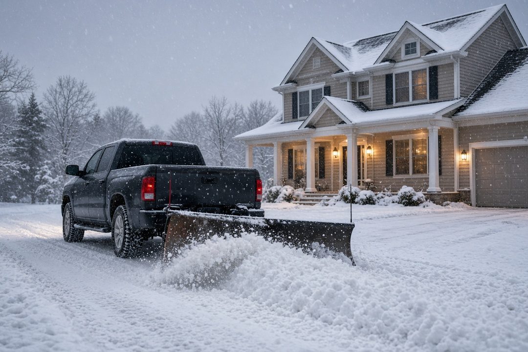 A dark pickup with a plow blade at its rear pushing snow down a driveway in front of a two-story house with lit windows and snow on the roof, in Portland, Maine