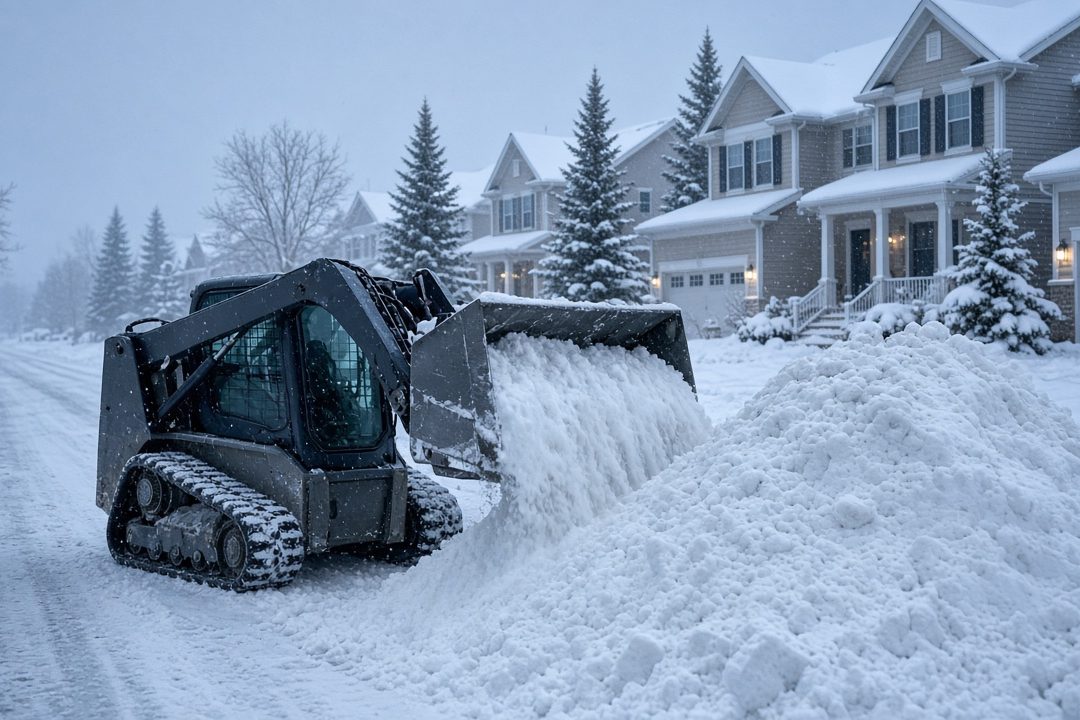 A tracked skid steer pushing snow into a tall pile beside a residential street lined with two-story houses and evergreen trees in falling snow, in Portland, Maine