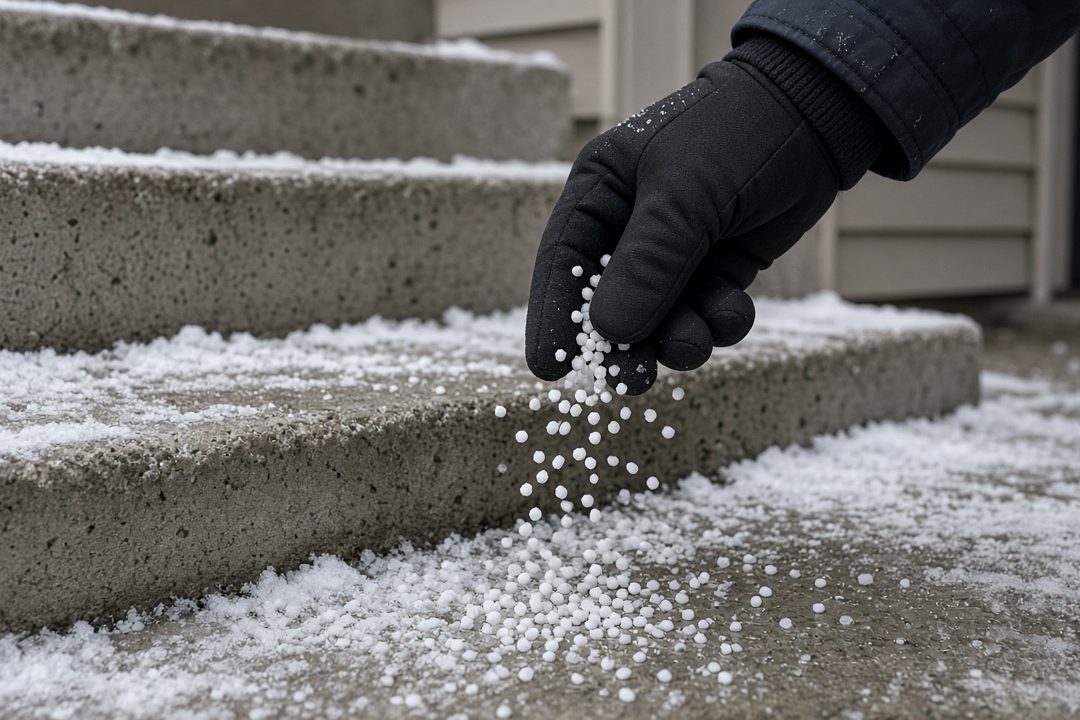 A gloved hand scattering white ice melt pellets onto snowy concrete steps, in Portland, Maine
