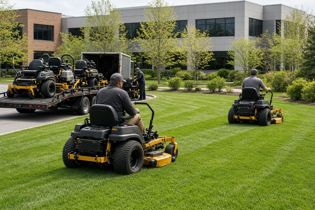 Landscape workers on yellow and black zero-turn mowers cutting a green lawn at an office park, with a trailer of mowers behind them, in Portland, Maine