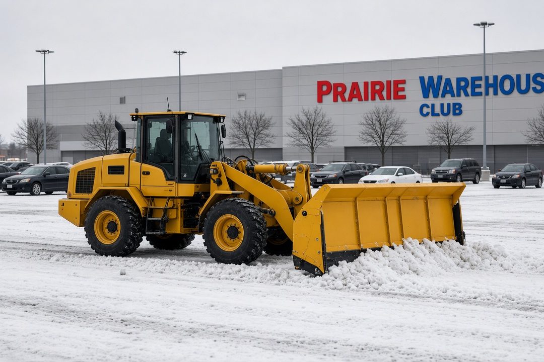 A yellow wheel loader with a yellow snow pusher clearing a big store parking lot, with parked cars and bare trees behind it, in Portland, Maine