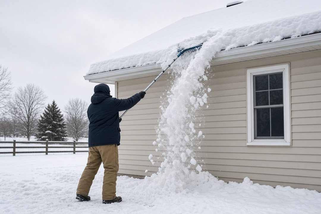 A person standing on the ground pulling snow off the roof edge of a house with a long roof rake, in Portland, Maine