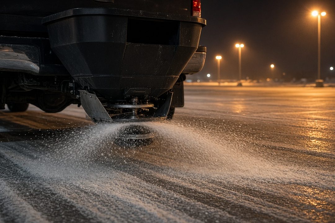 A black tailgate hopper on the back of a truck spreading salt across a parking lot at night, in Portland, Maine