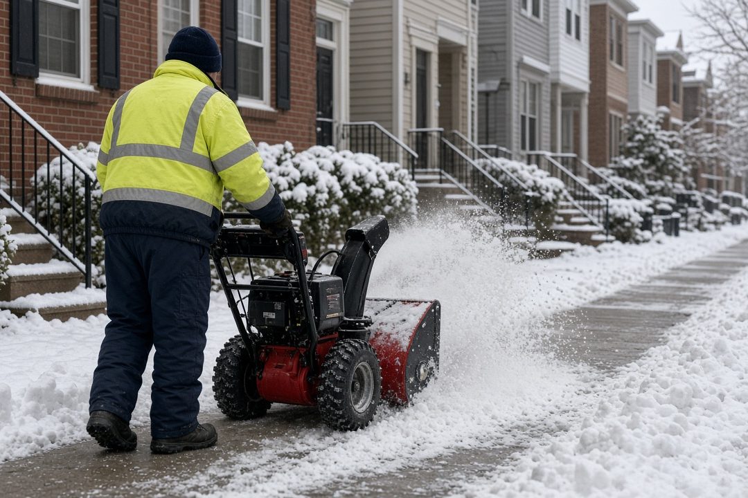 A worker in a yellow high-visibility jacket clearing a snowy sidewalk with a red two-stage snow blower in front of a row of brick townhomes, in Portland, Maine