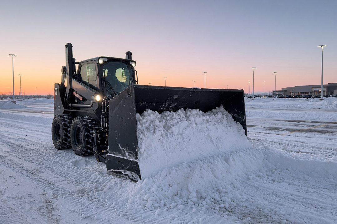 A black snow pusher box on a wheeled skid steer pushing snow across a big parking lot at dawn, in Portland, Maine