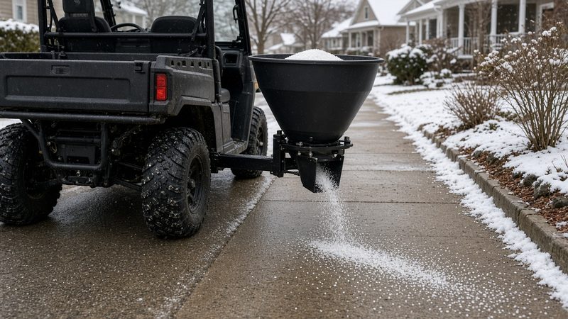 A black cone-shaped spreader on the back of a utility vehicle spreading salt on a sidewalk, in Portland, Maine