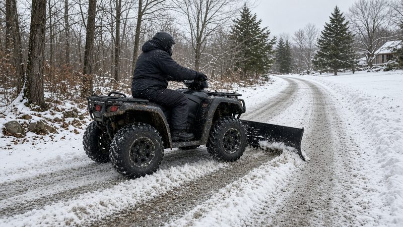A rider on an ATV with a front plow blade clearing a snowy gravel lane through the woods, in Portland, Maine