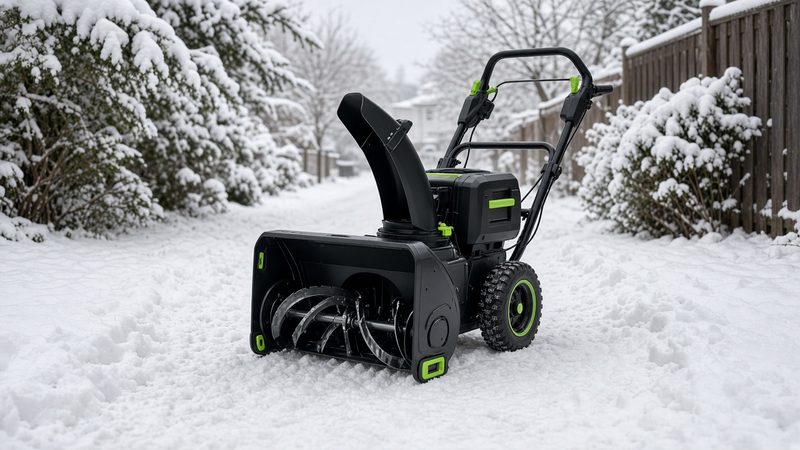 A black battery-powered two-stage snow blower with green trim on a snowy path between snow-covered shrubs and a fence, in Portland, Maine