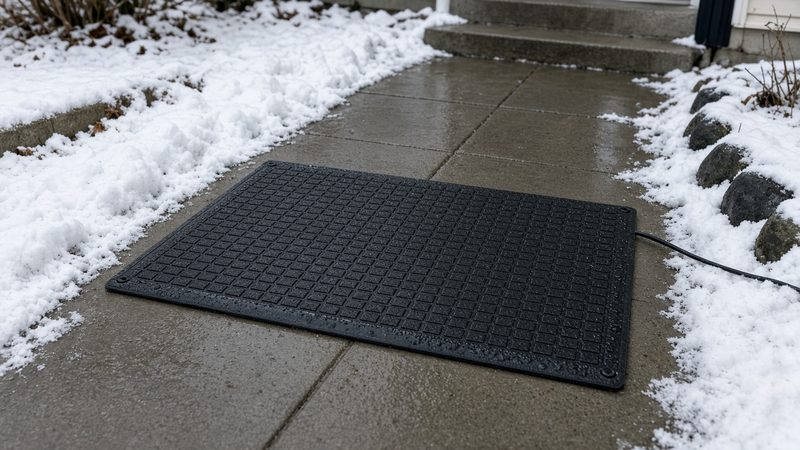 A black rubber mat on a wet, clear concrete walkway with snow on both sides and a cord running off the side, in Portland, Maine