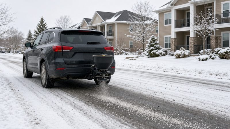 A dark SUV with a small black salt spreader on its rear hitch spreading salt on a snowy street by apartment buildings, in Portland, Maine
