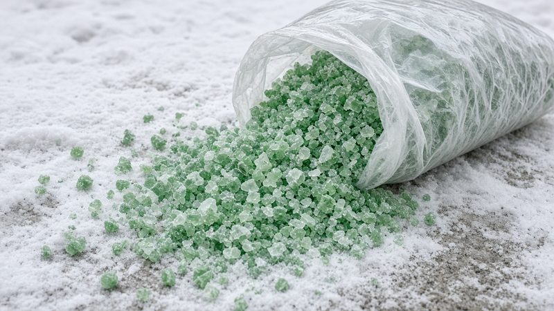 A clear bag of green ice melt crystals spilling onto snowy ground, in Portland, Maine
