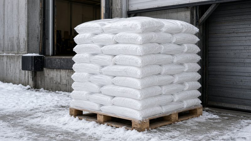 A wooden pallet stacked with plain white bags beside a loading dock door, in Portland, Maine