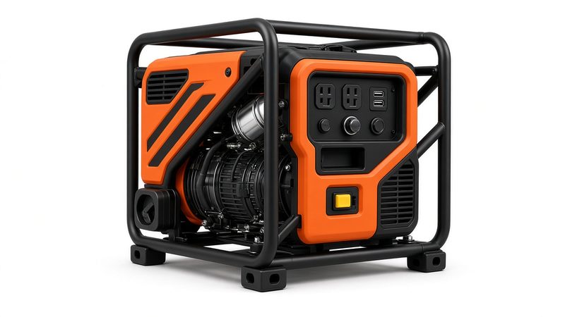 An orange and black open-frame inverter generator in a black tube frame, in Portland, Maine