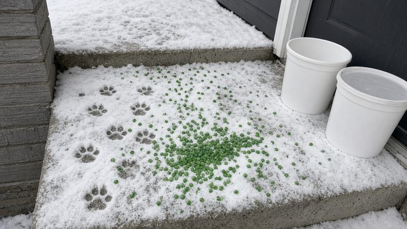 Green ice melt pellets and paw prints on a snowy front step, with two plain white tubs by the door, in Portland, Maine