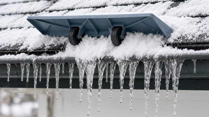 A blue-gray roof rake head with two wheels on a snowy roof edge above a row of icicles, in Portland, Maine