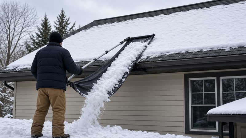 A person on the ground pulling a sheet of snow off a house roof with a long roof rake and fabric slide, in Portland, Maine