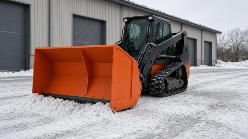 An orange snow pusher with tall side panels on a black tracked loader in front of a metal warehouse, in Portland, Maine