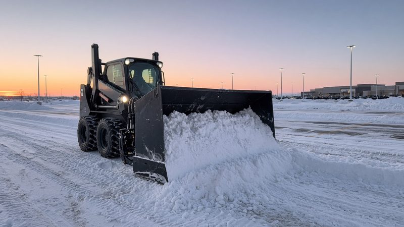A black snow pusher box on a wheeled skid steer pushing snow across a big parking lot at dawn, in Portland, Maine