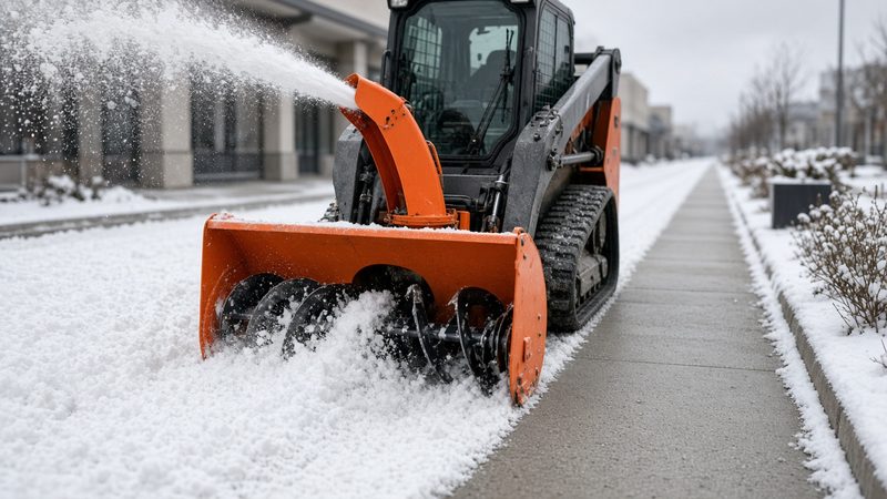 An orange snow blower attachment on a tracked loader throwing snow beside a long cleared sidewalk, in Portland, Maine