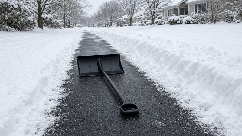 A black snow pusher lying on a freshly cleared strip of driveway between snowbanks, in Portland, Maine