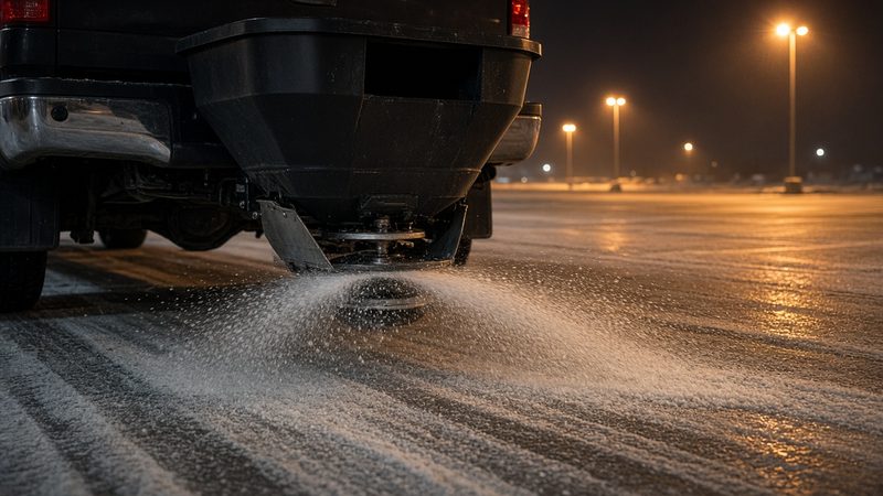 A black tailgate hopper on the back of a truck spreading salt across a parking lot at night, in Portland, Maine