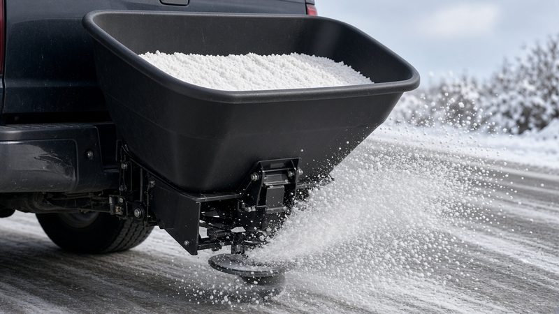A black hopper full of salt on the back of a truck, with a spinner throwing salt onto a snowy road, in Portland, Maine