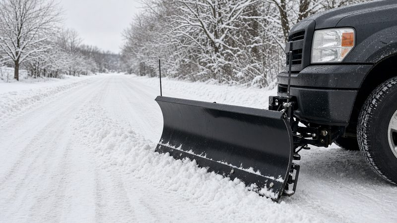 A black straight plow blade mounted on the front of a dark pickup on a snowy road, in Portland, Maine