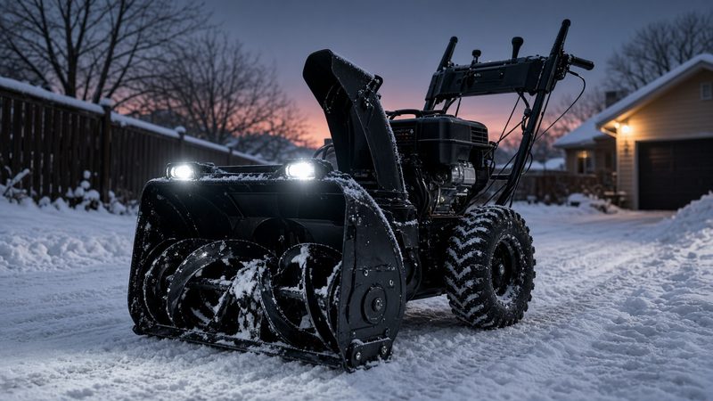 A black two-stage snow blower with its headlights on in a snowy driveway at dusk, in Portland, Maine