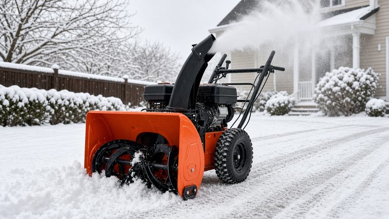 An orange two-stage snow blower throwing snow from its chute in a snowy front yard, in Portland, Maine