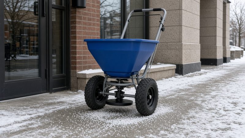 A blue walk-behind spreader with large tires on a salted storefront sidewalk, in Portland, Maine